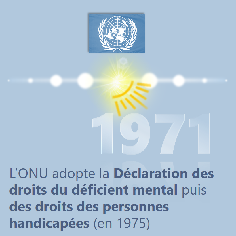 1971 - 1975 : L'ONU adopté la Déclaration des droits du déficient mental puis des droits des personnes handicapées